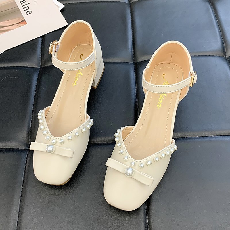 New High-heeled Shoes With Thick Heels Fashion Beaded Bow With A Word Belt Women's Shoes