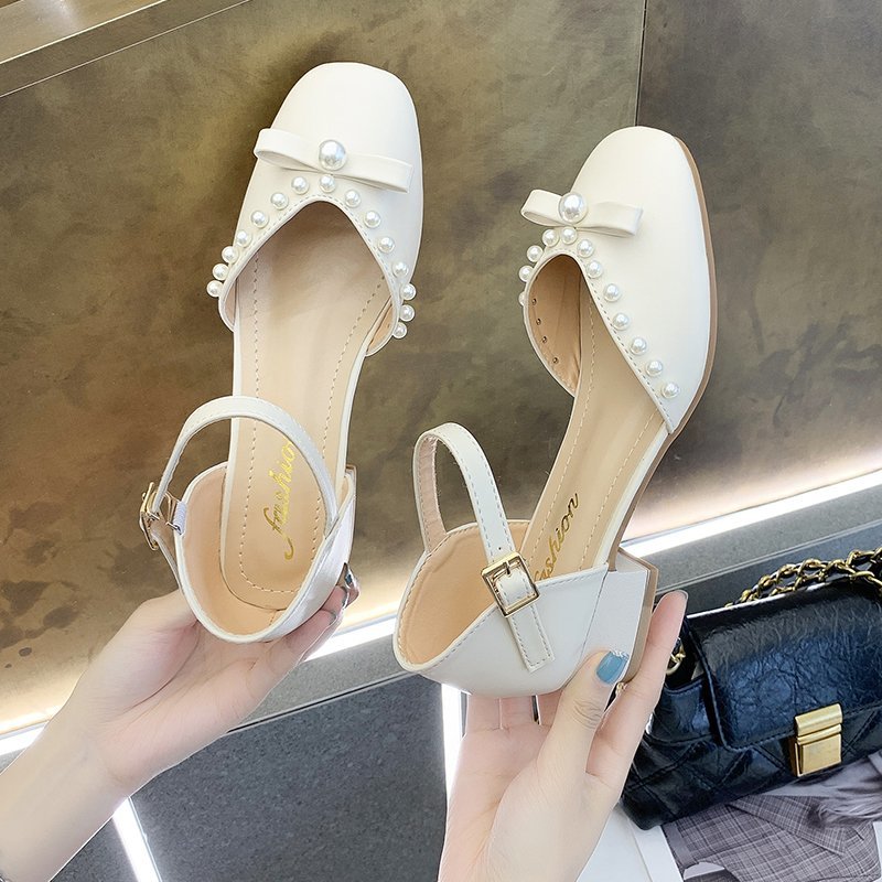 New High-heeled Shoes With Thick Heels Fashion Beaded Bow With A Word Belt Women's Shoes