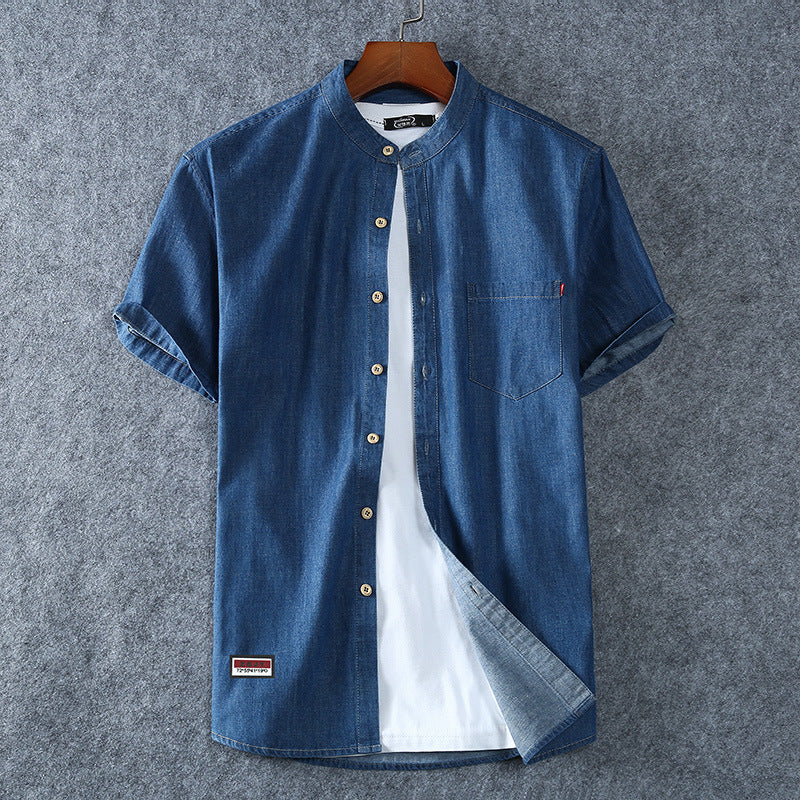 Fashion Casual Round Neck Denim Short Sleeve Shirt