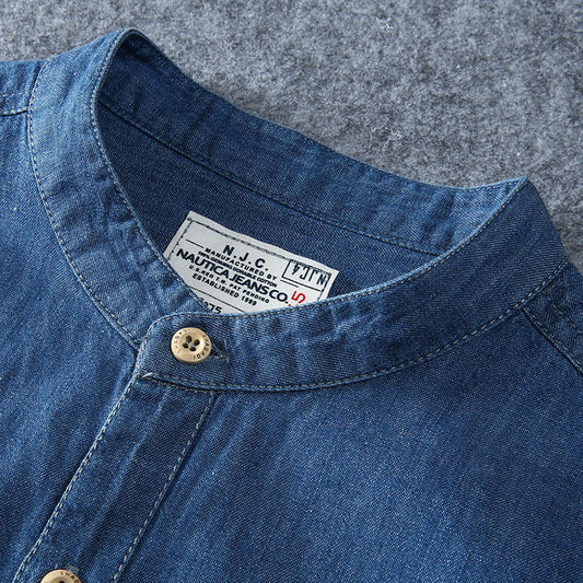 Fashion Casual Round Neck Denim Short Sleeve Shirt