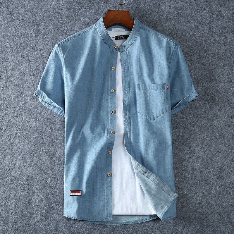 Fashion Casual Round Neck Denim Short Sleeve Shirt