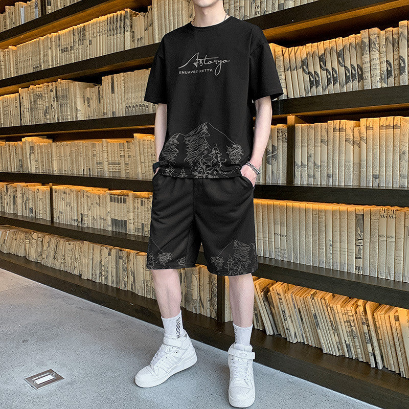 Trendy All-match Handsome Men's Ice Silk Short-sleeved Shorts