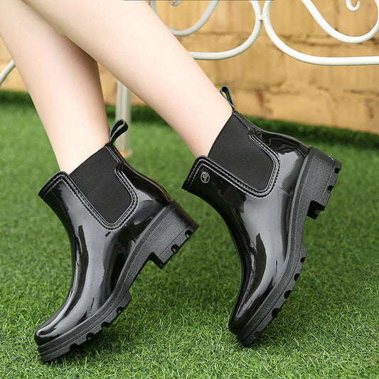 Mid-high Heel Short Tube Shiny Women's Elastic Rain Boots