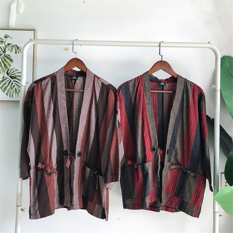 Japanese Road Robe And Kimono Harajuku Style Casual Cardigan With Loose Stripes