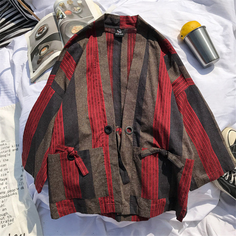 Japanese Road Robe And Kimono Harajuku Style Casual Cardigan With Loose Stripes