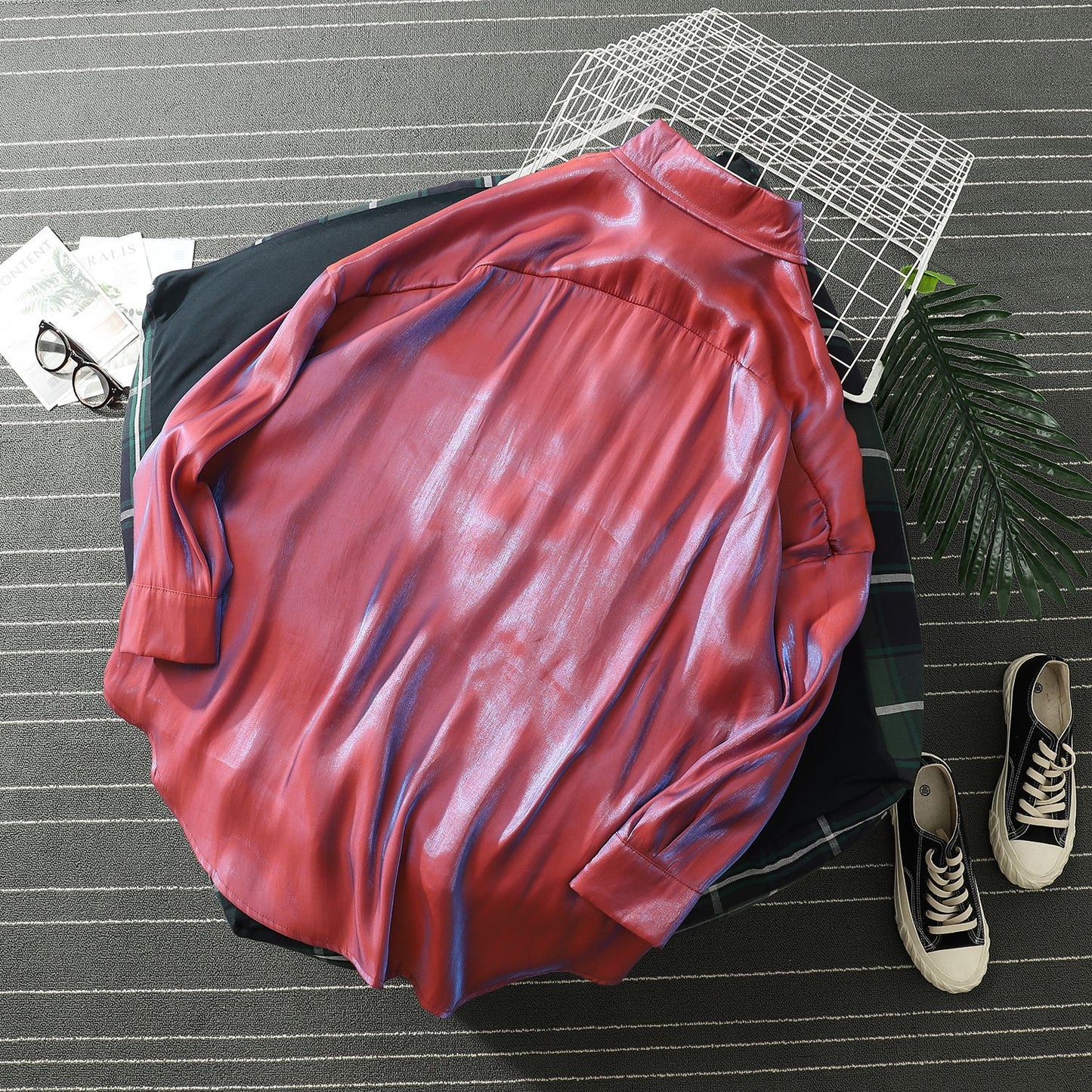 Mercerized Silky Temperament Loose Korean Style Long-sleeved Shirt
