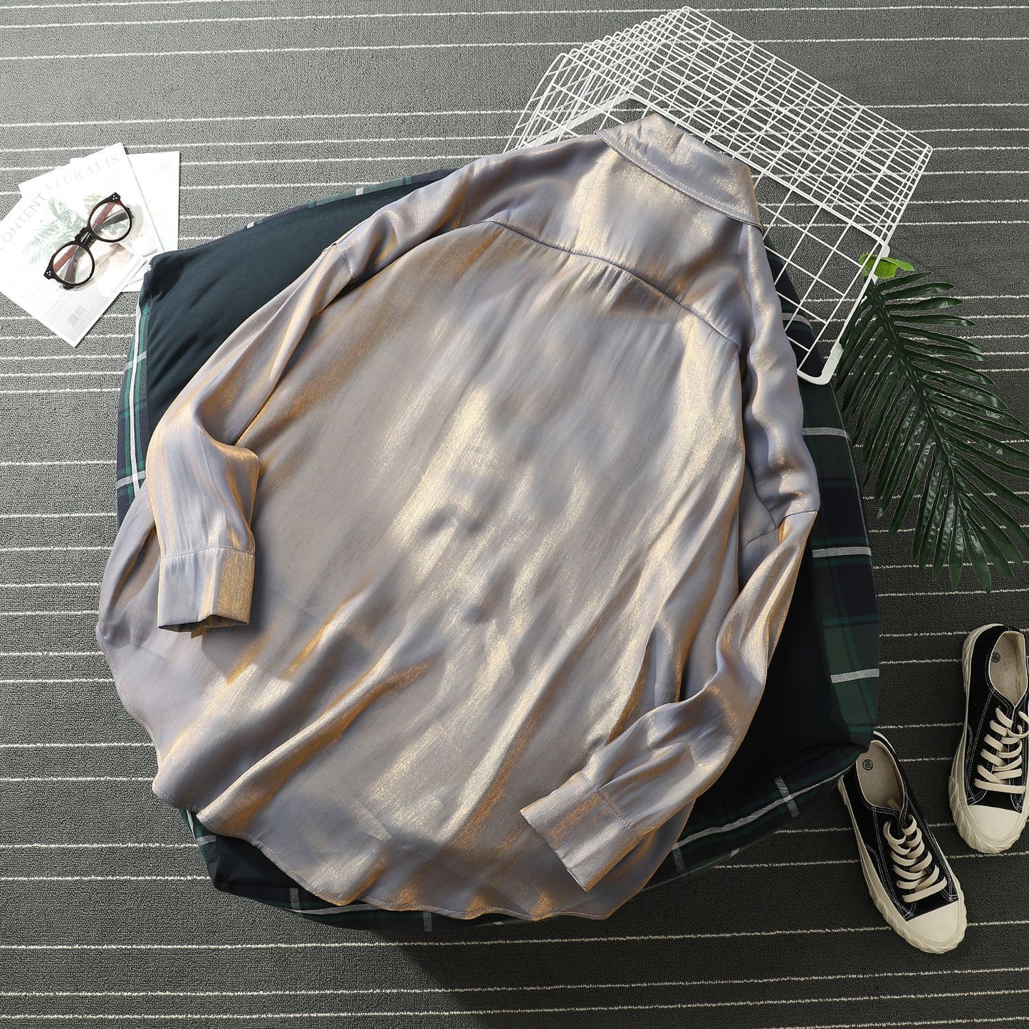Mercerized Silky Temperament Loose Korean Style Long-sleeved Shirt