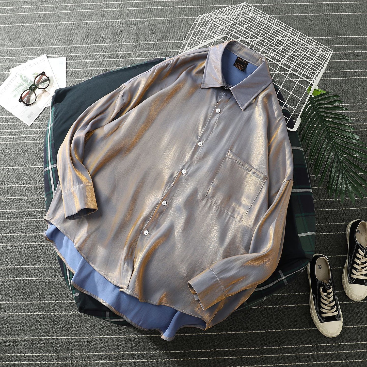 Mercerized Silky Temperament Loose Korean Style Long-sleeved Shirt