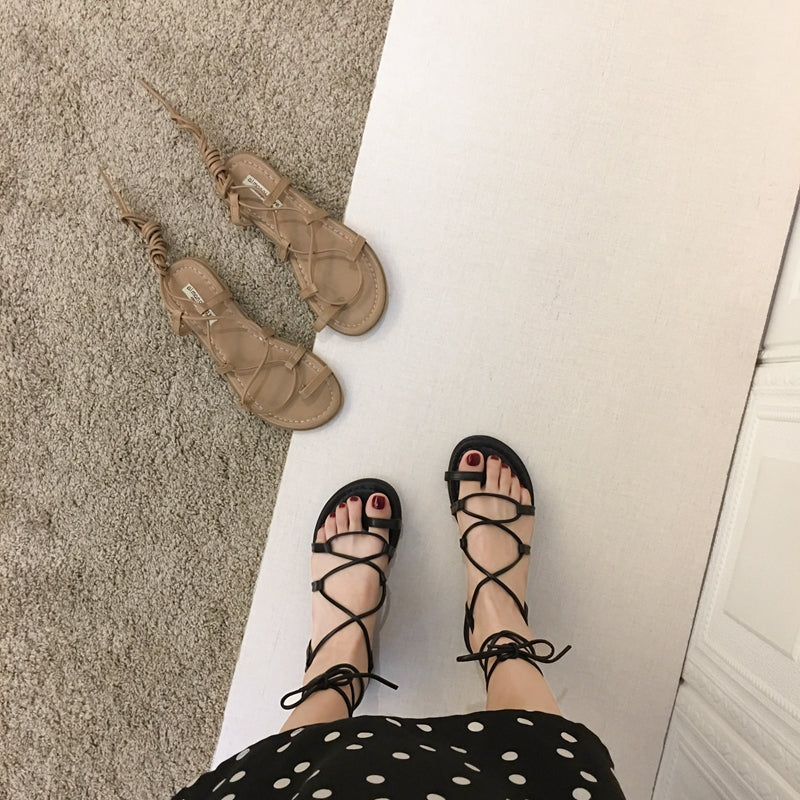 Flat Shoes Over-toe Lace-up Fairy Style Roman Shoes