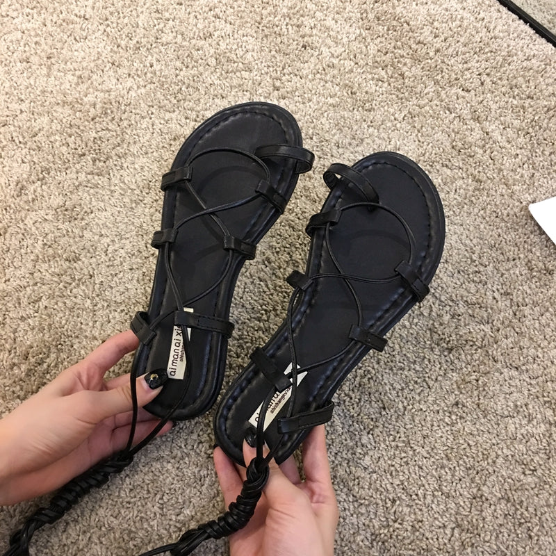 Flat Shoes Over-toe Lace-up Fairy Style Roman Shoes