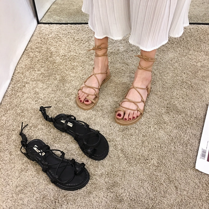 Flat Shoes Over-toe Lace-up Fairy Style Roman Shoes