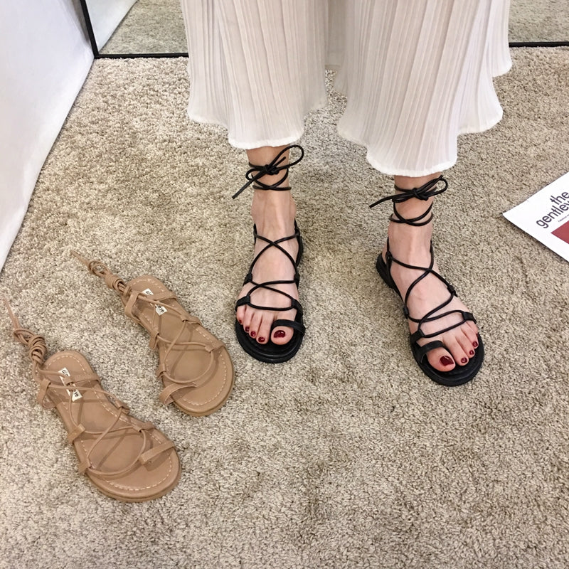 Flat Shoes Over-toe Lace-up Fairy Style Roman Shoes