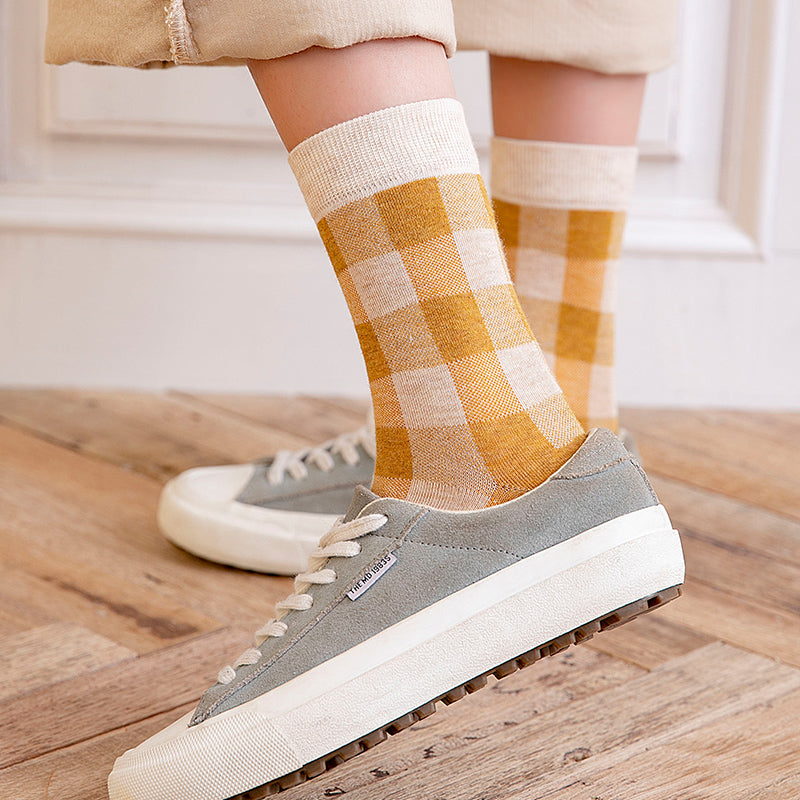 Blue Socks Women'S Pure Cotton Plaid Tube Socks