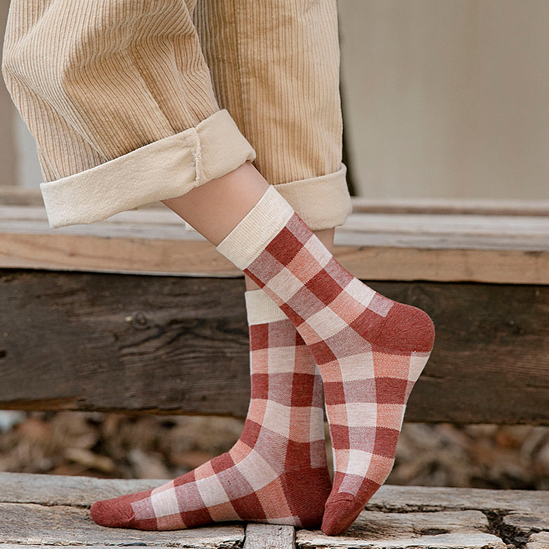 Blue Socks Women'S Pure Cotton Plaid Tube Socks