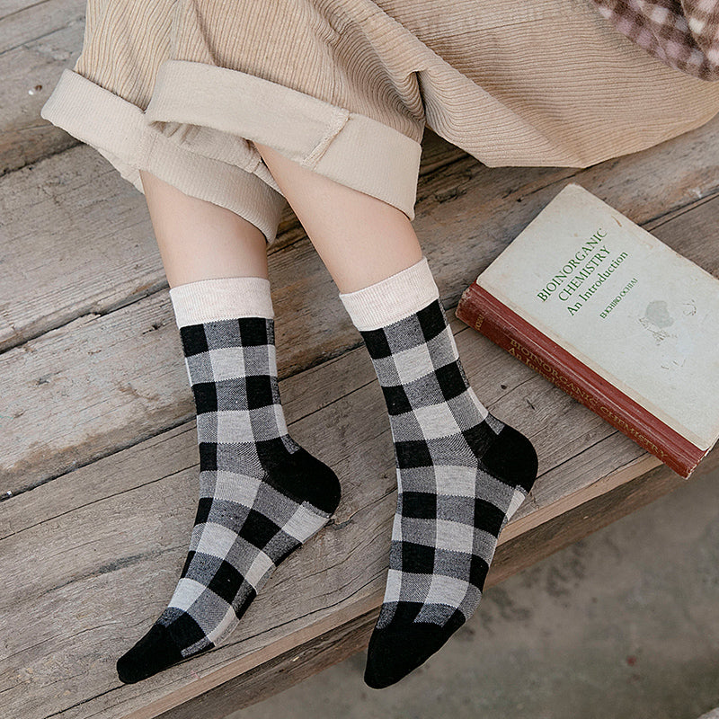 Blue Socks Women'S Pure Cotton Plaid Tube Socks