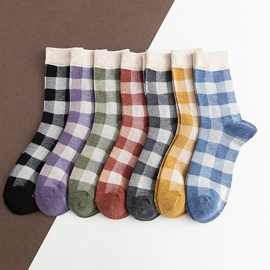 Blue Socks Women'S Pure Cotton Plaid Tube Socks