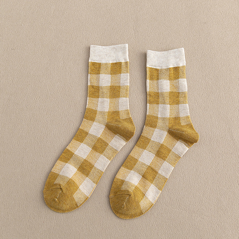 Blue Socks Women'S Pure Cotton Plaid Tube Socks