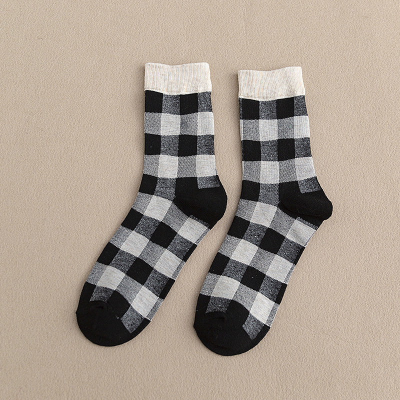 Blue Socks Women'S Pure Cotton Plaid Tube Socks