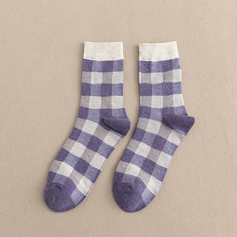 Blue Socks Women'S Pure Cotton Plaid Tube Socks