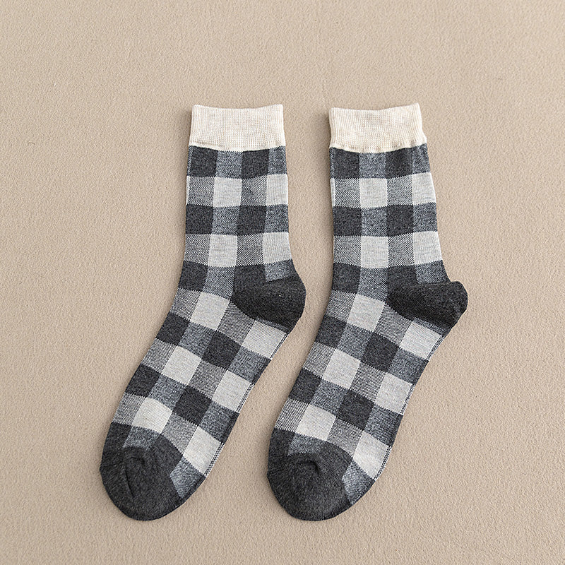 Blue Socks Women'S Pure Cotton Plaid Tube Socks
