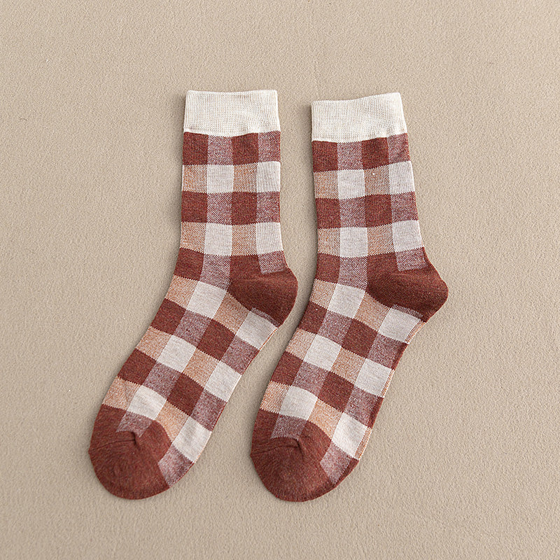 Blue Socks Women'S Pure Cotton Plaid Tube Socks
