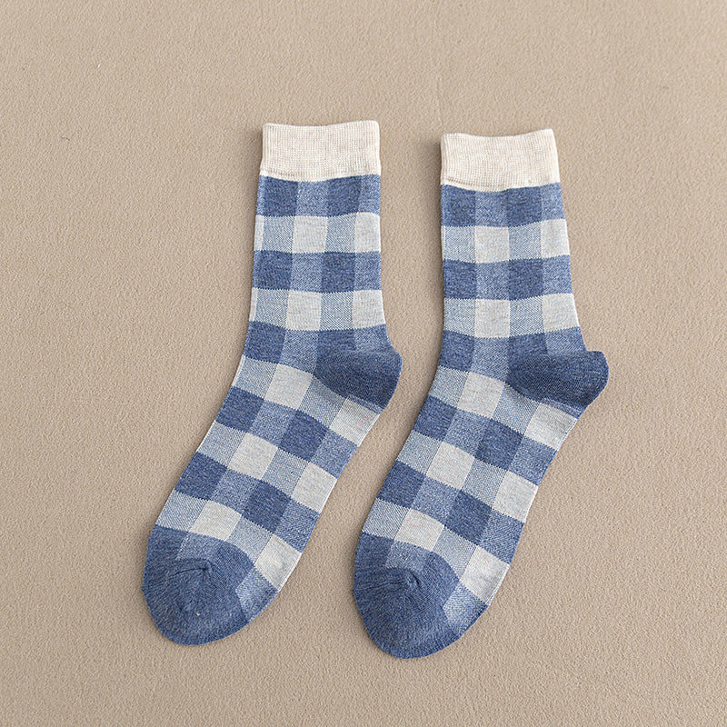 Blue Socks Women'S Pure Cotton Plaid Tube Socks