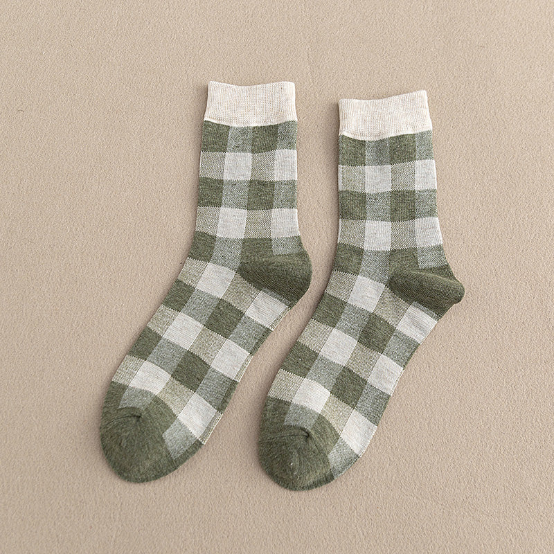 Blue Socks Women'S Pure Cotton Plaid Tube Socks