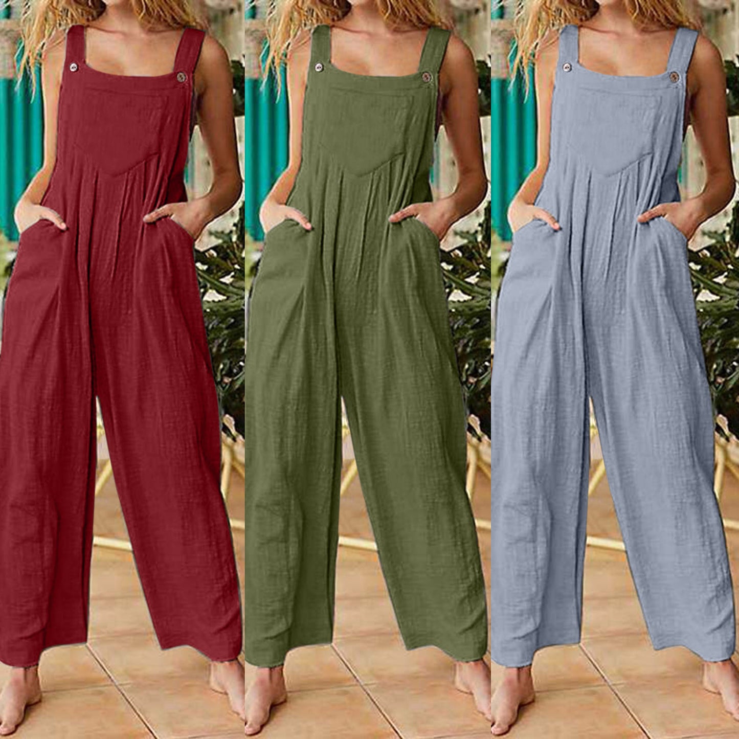 Women's Solid Color Side Pocket Loose Overalls