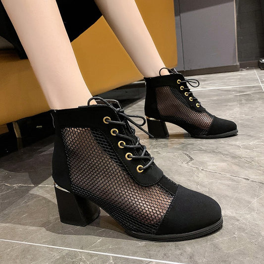 Long Tube Hollow Roman Sandals And Net Boots