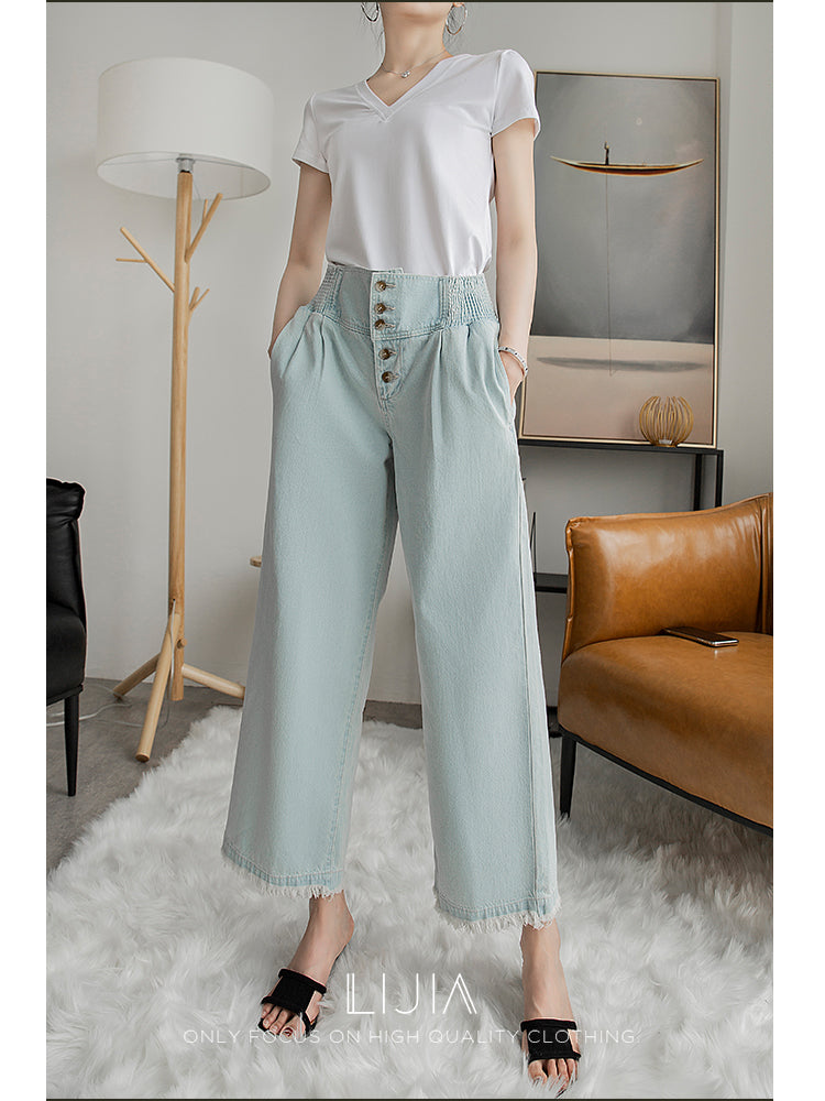 Light Blue High-Rise Multi-Button Wide-Leg Jeans