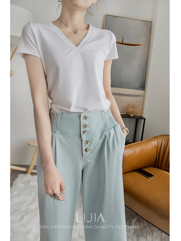 Light Blue High-Rise Multi-Button Wide-Leg Jeans