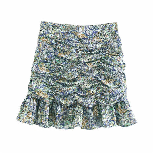 High-waist Pleated Decorative Print Skirt