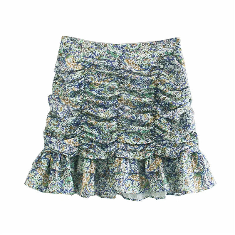 High-waist Pleated Decorative Print Skirt