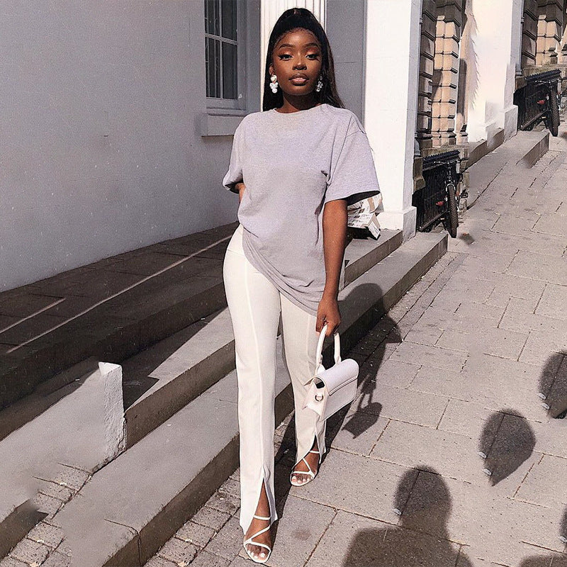 High Waist Solid Color Split Casual Pants