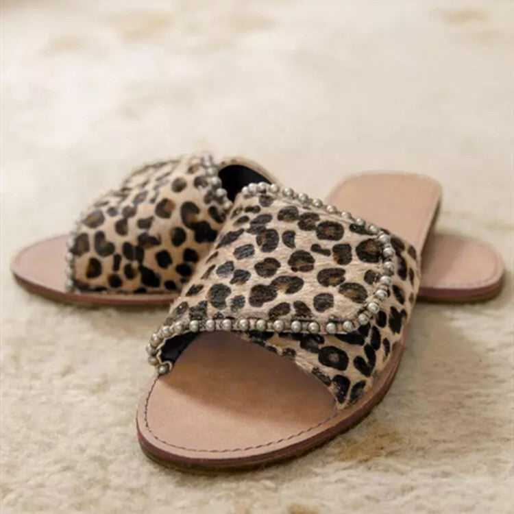 Studded Flat Sandals Leopard Print Plus Size Slippers