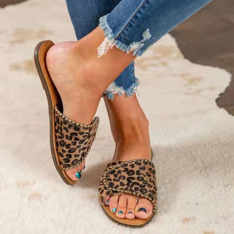 Studded Flat Sandals Leopard Print Plus Size Slippers