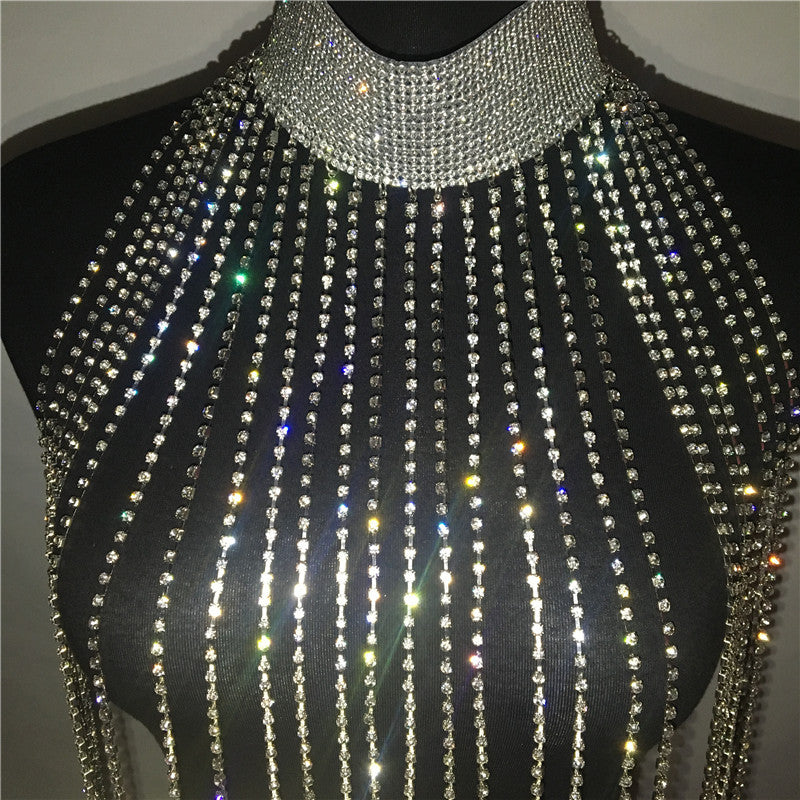 Rhinestone Tassel Necklace Body Chain Halter Rhinestone