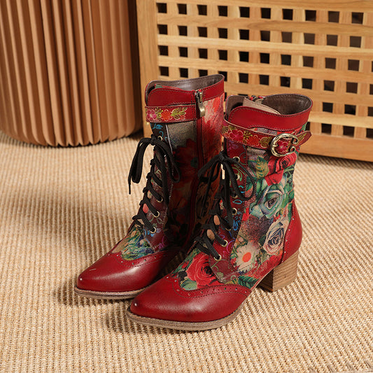 Autumn And Winter New Pointed Middle Heel Boots Retro Red Women'S Shoes