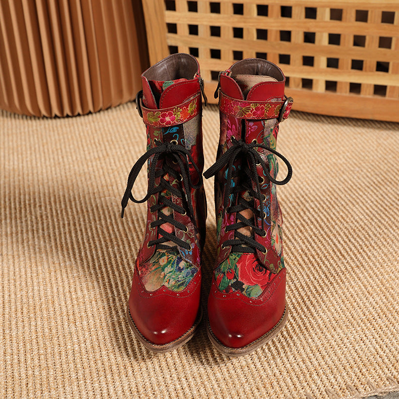 Autumn And Winter New Pointed Middle Heel Boots Retro Red Women'S Shoes
