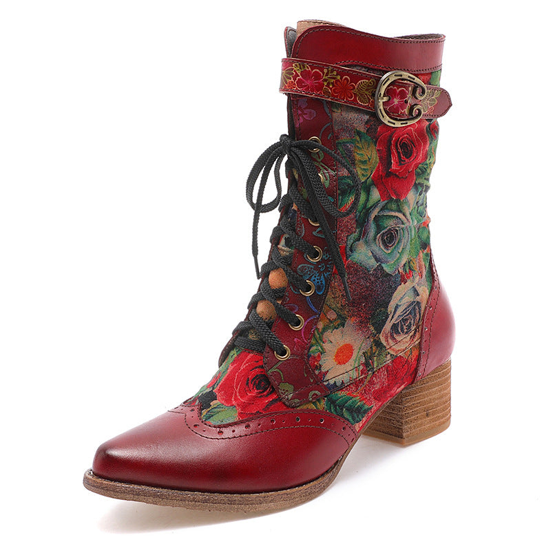 Autumn And Winter New Pointed Middle Heel Boots Retro Red Women'S Shoes