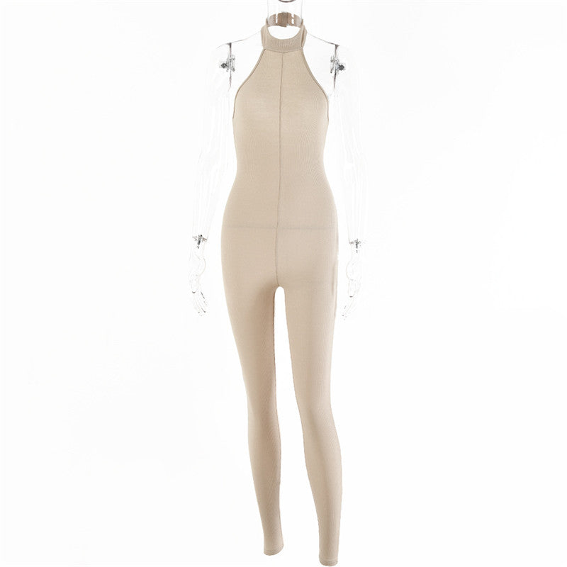 European And American Sleeveless Halterneck Slim-fit Cotton Solid Color Jumpsuit