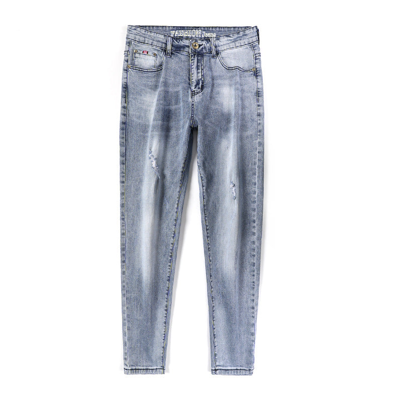 Jeans Men'S Feet Pants Pants Men'S Summer Mid-Waist Stretch Pants Korean Style Trend Hole Slimming Thin Feet Pants Light-Colored Wholesale