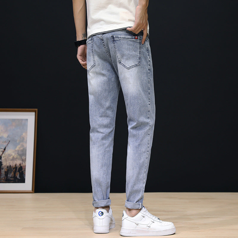 Jeans Men'S Feet Pants Pants Men'S Summer Mid-Waist Stretch Pants Korean Style Trend Hole Slimming Thin Feet Pants Light-Colored Wholesale