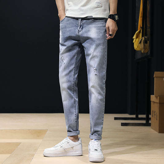 Jeans Men'S Feet Pants Pants Men'S Summer Mid-Waist Stretch Pants Korean Style Trend Hole Slimming Thin Feet Pants Light-Colored Wholesale