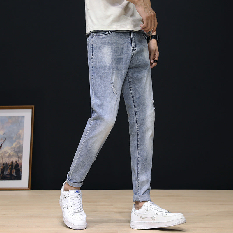 Jeans Men'S Feet Pants Pants Men'S Summer Mid-Waist Stretch Pants Korean Style Trend Hole Slimming Thin Feet Pants Light-Colored Wholesale