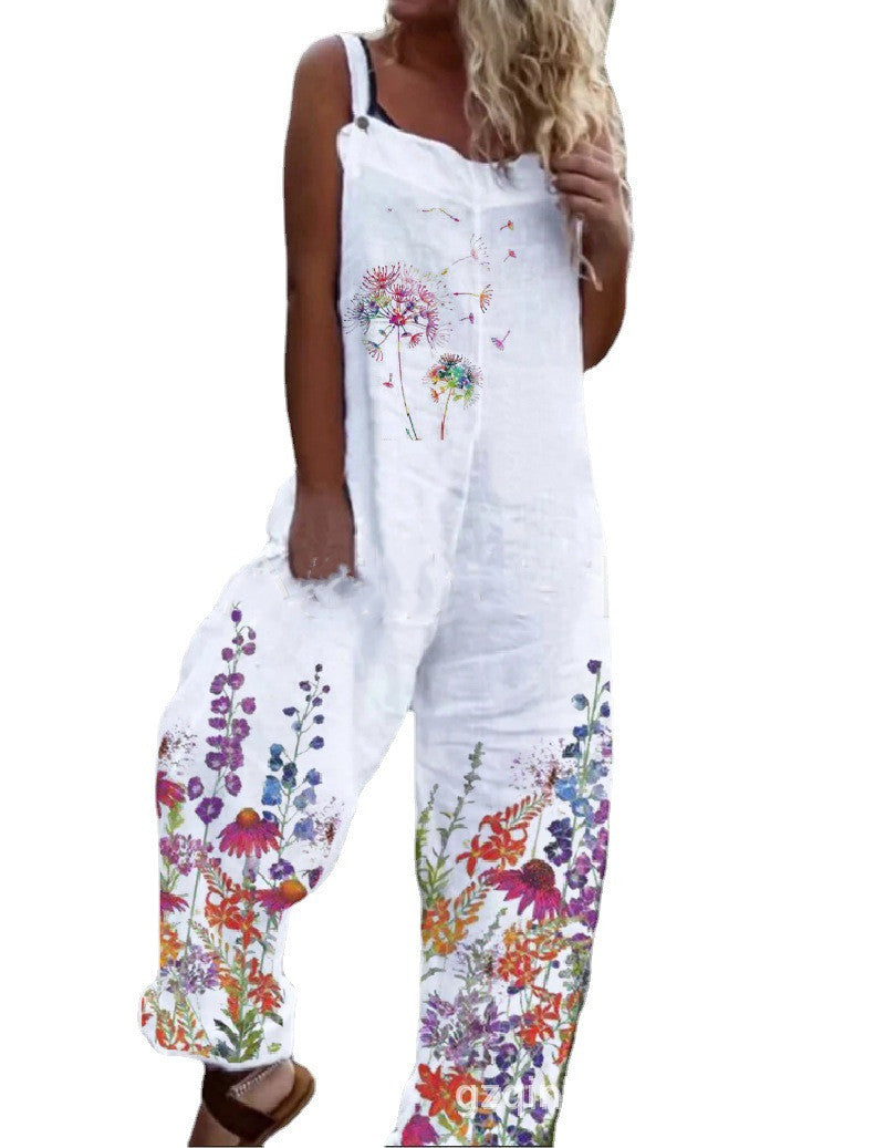 Women's Cotton And Linen Jumpsuit Mid-waist