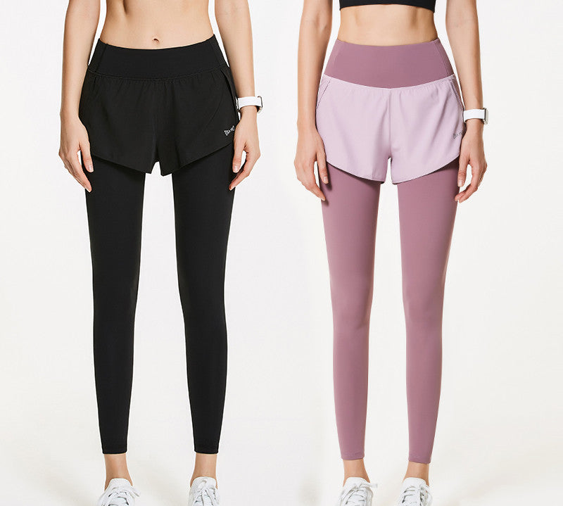 Fake Two-Piece Yoga Pants Large Size Fitness Pants Women Quick-Drying Summer Thin Section High Waist Hip Tights Running Pants Sports Pants