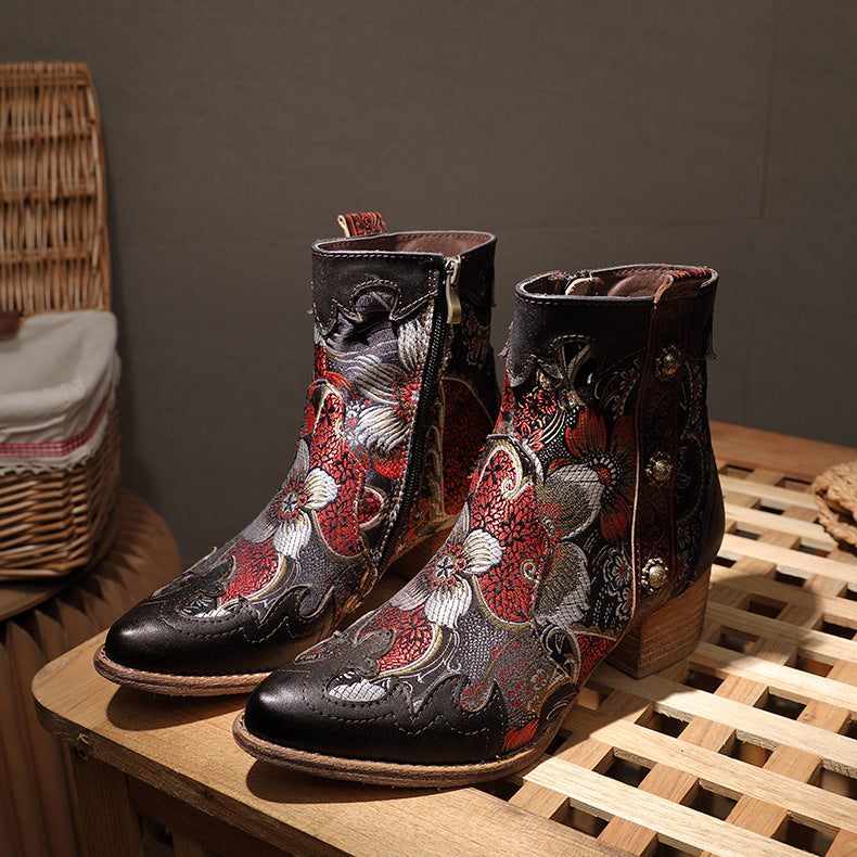 Johnature Court En Peluche Femmes Bottes Zip Patchwork Femmes Chaussures En Cuir  Broderie Tissu Main Cheville Plateforme Bottes