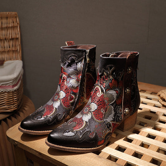 Johnature Court En Peluche Femmes Bottes Zip Patchwork Femmes Chaussures En Cuir  Broderie Tissu Main Cheville Plateforme Bottes