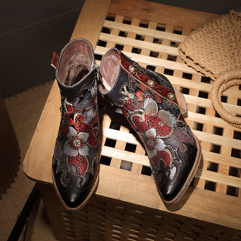 Johnature Court En Peluche Femmes Bottes Zip Patchwork Femmes Chaussures En Cuir  Broderie Tissu Main Cheville Plateforme Bottes
